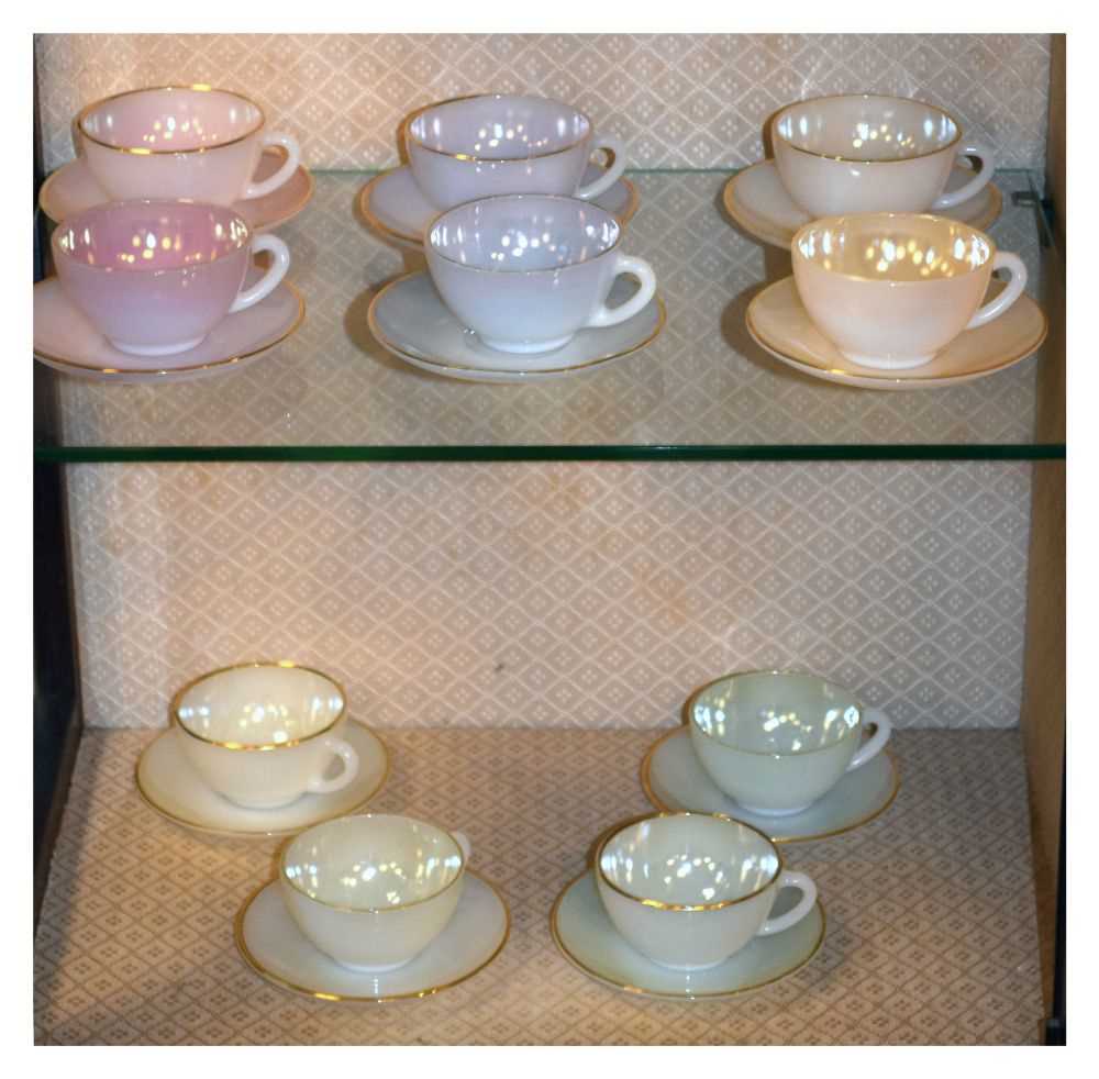 French 1950s opaline glass cups and saucers