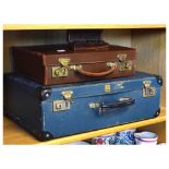 Vintage leather attaché case and brass inlaid cased dice, and blue 'Apex Luggage' case