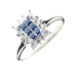 '14k' white gold cluster ring set six square cut sapphires and fourteen diamonds, 3.6 g gross approx