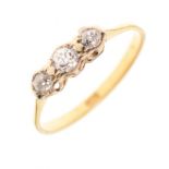 '18c' yellow metal three-stone diamond ring