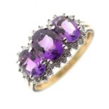 9ct gold cluster ring set three oval cut amethysts and diamonds