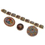 Italian micro mosaic panel bracelet, and three similar brooches