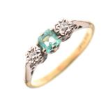 '18ct Plat' three-stone ring, diamond and emerald