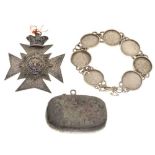 Silver 'Buffs' medal, coin bracelet and vesta