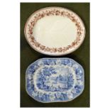 Blue and white meat plate with riverside scene and a brown and white meat plate