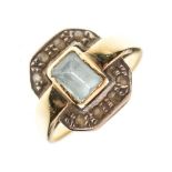 Yellow metal, aquamarine and diamond ring