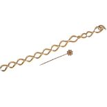 Yellow metal and diamond stickpin, stamped 9ct together with a bracelet section