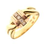 Yellow metal three-colour dress ring set five small diamonds, stamped '750'