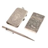 Silver cigarette case, white metal card case and a sterling pencil