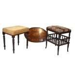 Edwardian rectangular music stool, tray and one other stool