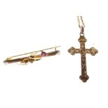 Yellow metal brooch, necklace and gilt metal cross, 5g gross approx