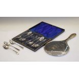 Cased set of George V silver apostle spoons, etc