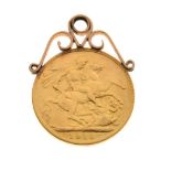 Coins - George V gold sovereign, 1910 with soldered mount