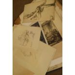 Folio of assorted unframed drawings, prints and photographs