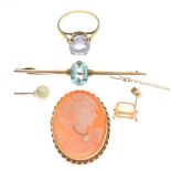 9ct gold cameo brooch, ring, bar brooch, etc