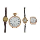 18k cased lady's wristwatch, 9c gold cased cocktail watch, gents 9c gold watch, etc