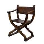 Early 20th Century oak X-frame chair with leather seat and back