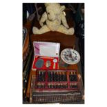 Group of toys to include; golden mohair teddy bear, chess set and abacus