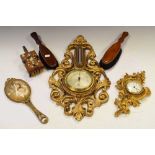 Gilt framed barometer, clock, brushes, etc