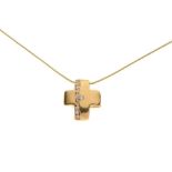 18ct gold, diamond set cross pendant on a fine snake chain, 6.8g gross approx