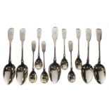 Set of six Victorian silver condiment spoons, Newcastle and five Fiddle pattern dessert spoons