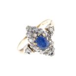 Sapphire and diamond marquise shaped cluster ring,