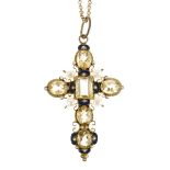 Percossi Papi, Italy - Topaz, cultured pearl and enamel cross pendant,