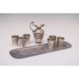 Persian (possibly Isfahan) rectangular white metal tray, cups, and jug