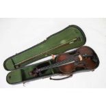 Late 19th Century or early 20th Century violin and bow, cased