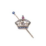 Diamond, ruby and sapphire set coronet bar brooch