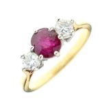 Ruby and diamond three stone ring,