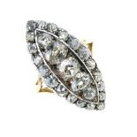 Late Victorian marquise shaped diamond cluster 18ct gold ring,