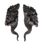 Pair of carved oak cornucopia wall appliques