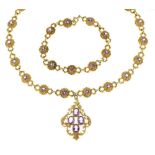 9ct gold Victorian style amethyst pendant, necklace and bracelet