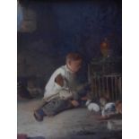 Circle of Thomas Webster, (1800-1886) - Oil on panel - Boy with rabbits