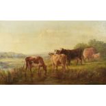 19th Century English School - Oil on canvas - Cattle Watering,