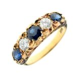 Yellow metal, sapphire and diamond five stone ring,