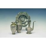 Persian (possibly Isfahan) white metal ewer, together with a stand and two vases