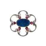 Diamond, ruby and opal doublet brooch,