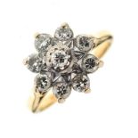 Nine stone diamond cluster ring,