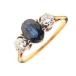 Sapphire and diamond three stone ring,