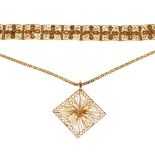 Gold filigree pendant, and panel bracelet