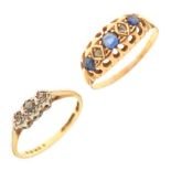 18ct gold, sapphire and diamond half-eternity ring, size R, and a diamond three-stone ring