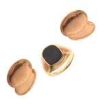 Pair of 9ct gold oval cufflinks, and 9ct gold signet ring,