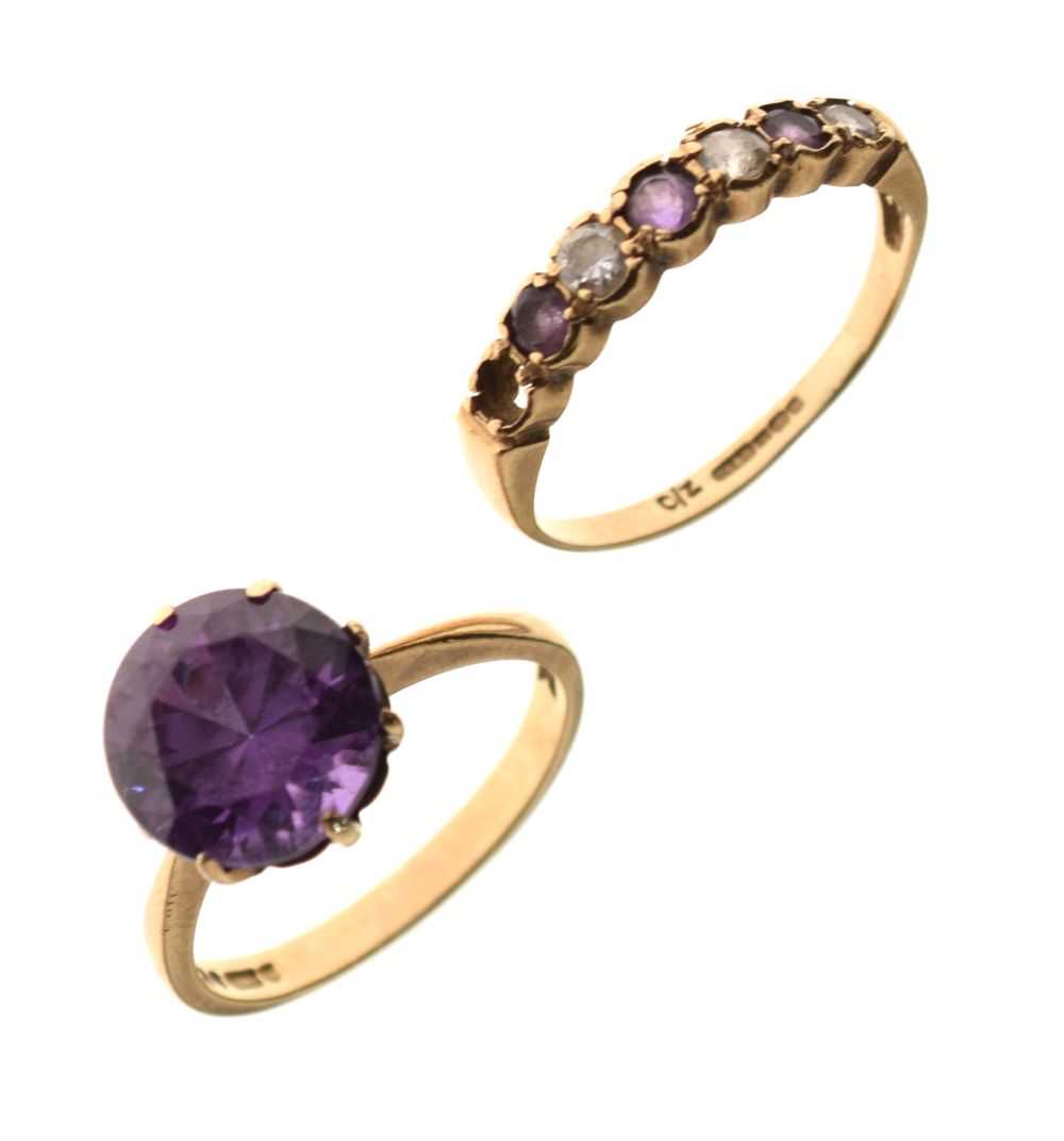 Two purple-stone set 9ct gold rings