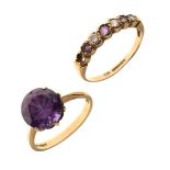 Two purple-stone set 9ct gold rings