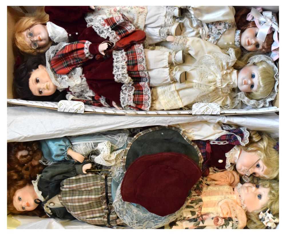 Quantity of Leonardo and other bisque headed modern dolls and stands