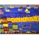 Gordon Barker - Acrylic - 'Flying Kites on the Beach'