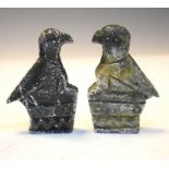 Two green stone bird figures, together with an animal group