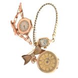 Two ladies gold wristwatches and 14k fob watch